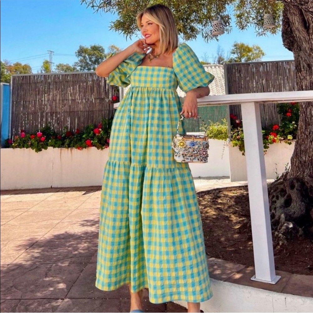 Zara plaid green dress large NWT puff sleeve